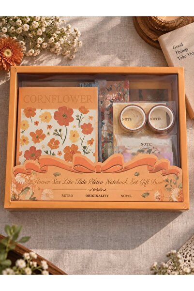 Genel Markalar Turuncu Çiçek Temalı Scrapbook Yapım Seti – A6 Defterli Vintag...