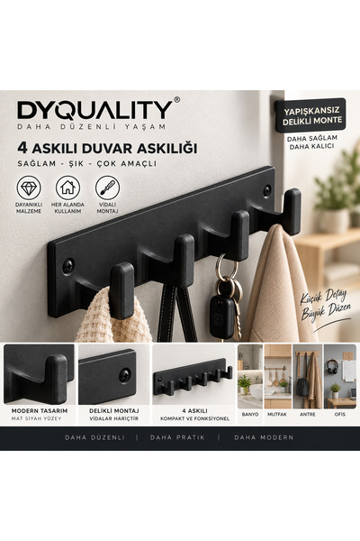 DYQUALITY 4’lü Siyah Duvar Askılığı Çok Amaçlı Vidalı Montaj Havlu Elbise Çan...