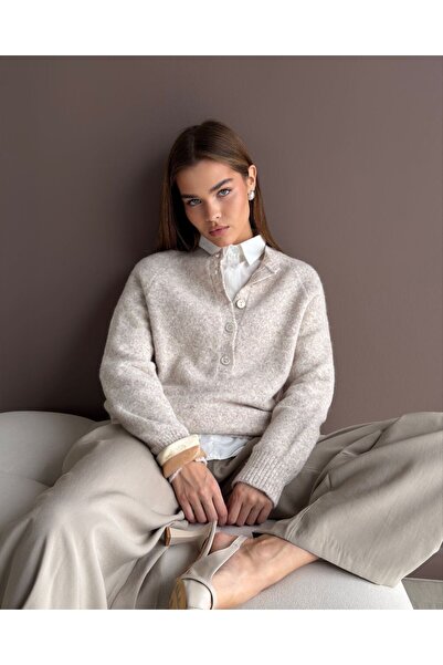 Noi Belis Crew Neck Button Detailed Soft Textured Long Sleeve Knitwear Sweate...