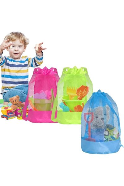 NOVOLAN Beach Toy Backpack, Mesh Drawstring Bags for Kids, Set of 3 in Red, G...