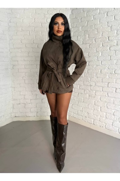 moneta boutique Kadın Dik Yaka Beli Lastikli Astarlı Süet Ceket