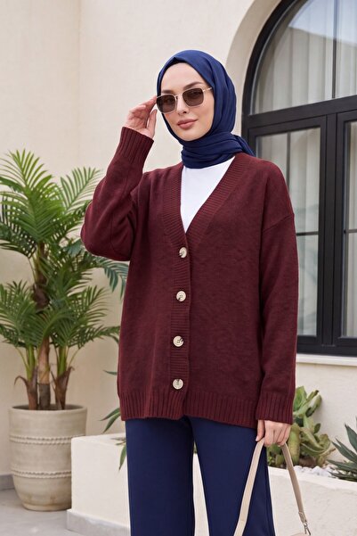 HİJABAYA Buttoned Front V-Neck Loose Knitwear Cardigan -Burgundy