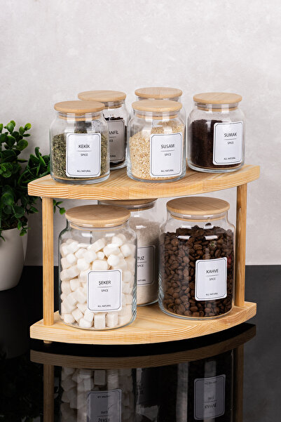 Dolkin Home 2-Tier Wooden Stand Organizer Set of 8 - Set of 5 300 ml Spice Jars Set of 3 800 ml Jars Glass Jars Spice Storage Container with White Labels