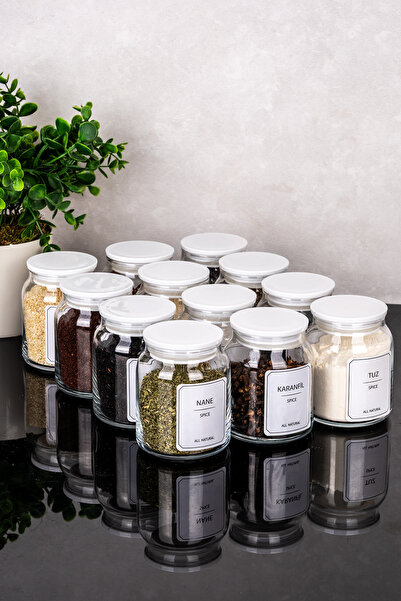 Dolkin Home 12-Piece 300 ml Premium White Mica Vacuum Lid Glass Spice Jar Set...