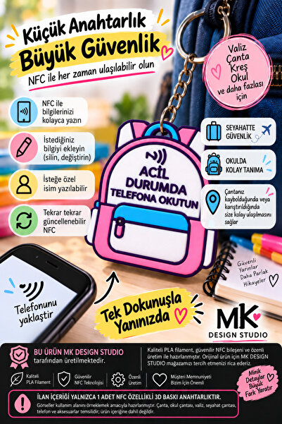 MK DESIGN STUDIO NFC ’li Kişiselleştirilebilir 3D Baskı Anahtarlık – Okul ve ...