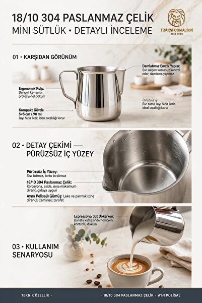 Transformacion 3'lü Mini Sütlük Seti 90 ml 150 ml 240 mlMini Sütlük Espresso Pitcher Sosluk Sürahisi 18/10 304 Paslanmaz Çelik 723669