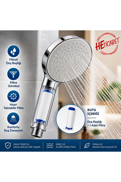 HETicaret Duş Başlığı Filtreli Duş Başlığı Seti Kireç Önleyici Arıtmalı Duş F...