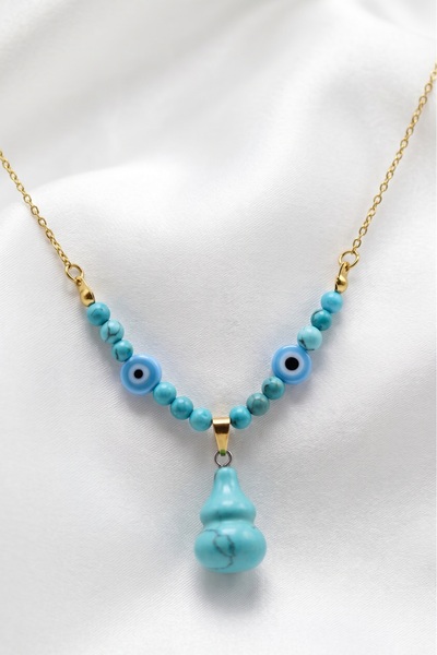 OceanDesign Real Natural Turquoise Stone Evil Eye Beaded Anti-Tarnish Steel Necklace 45 cm Handmade Women's Necklace
