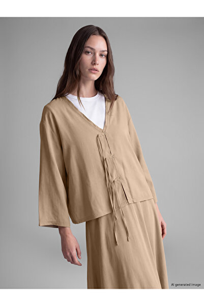 LC Waikiki Lcw Modest Beige Ornate Buttoned Oversize Women's Kimono