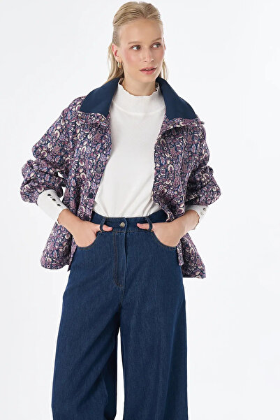 Kayra Floral Desen Dik Yaka Ceket-KAKAO - 42