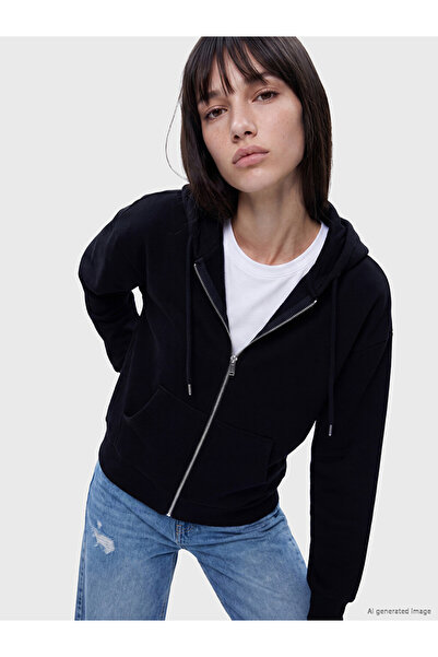LC Waikiki Peak New Season Black Oversize Women's Thick Zippered Sweatshirt