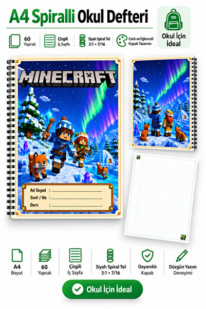 Morinna Minecraft Temalı A4 Spiralli Defter 60 Yaprak Kareli veya Çizgili Say...