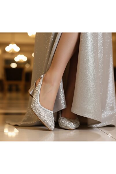 KİNDEP (Bono) Thick Short Heeled Evening Dress Women's Shoes with Pearl Detai...