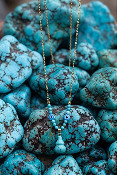 OceanDesign Real Natural Turquoise Stone Evil Eye Beaded Anti-Tarnish Steel Necklace 45 cm Handmade Women's Necklace