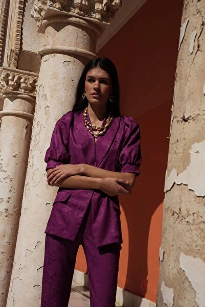 CAYRO Costum Elegant 2 Piese Prune - Sacou cu Maneci Bufante si Pantaloni Dre...