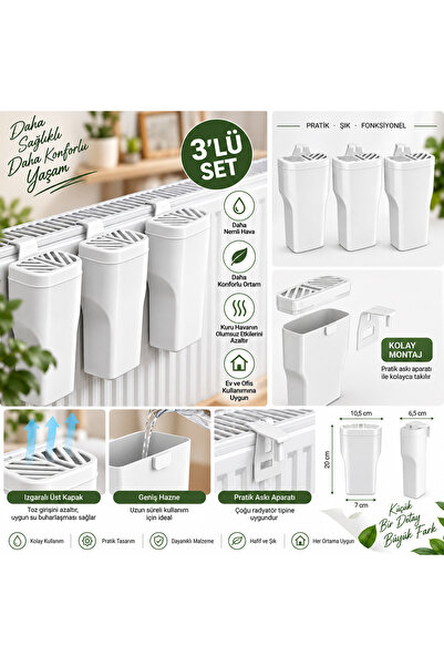 3'lü Panel Kalorifer Suluğu Radyatör Nemlendirici Su Kabı Beyaz 20,3 cm