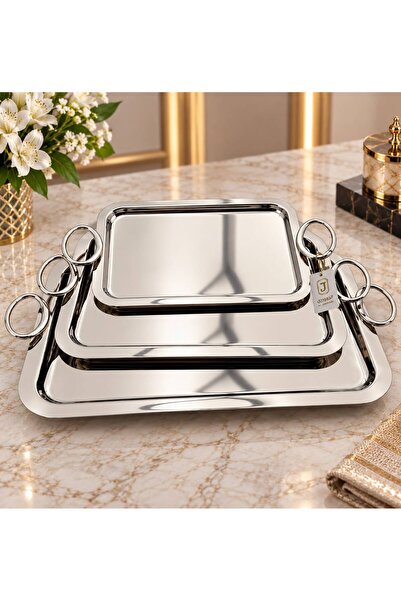 aljahwari Silver Serving Tray Set 3 Pieces Heavy