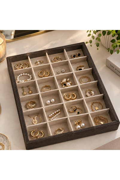 Merina Atölye European Walnut Colorful Bamboo 24 Compartment Velvet Jewelry O...