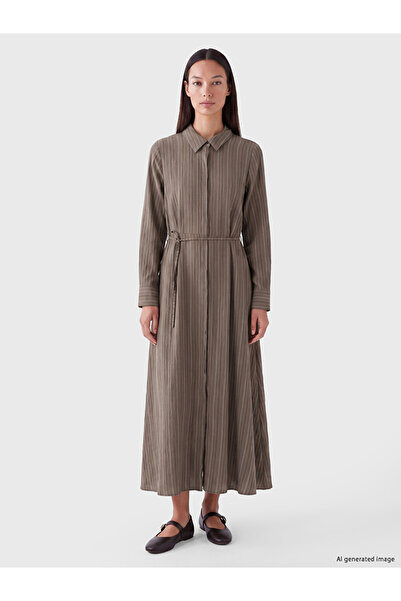 LC Waikiki Vizyon New Season Beige Striped Belted Shirt Dress