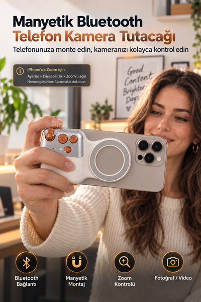 indirimsevinci Manyetik Bluetooth Telefon Kamera Tutacağı Kablosuz Zoom Selfi...
