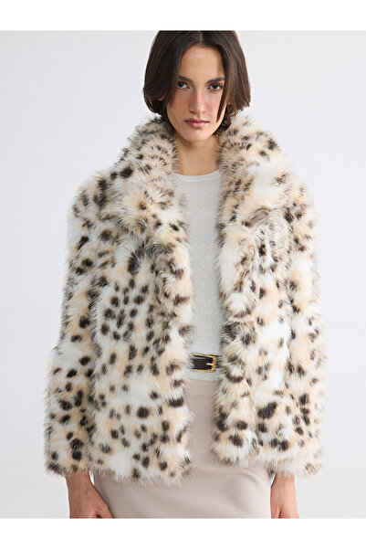 LC Waikiki Ecru Leopard Patterned Women's Fur Coat
