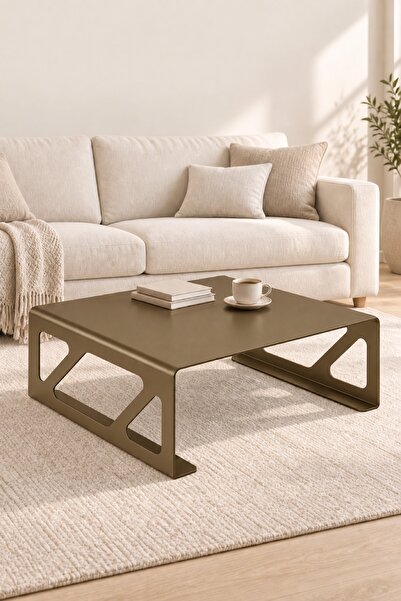 Kare Paslanmaz Çelik Orta Sehpa - 80x80 cm - Geometrik Kesim Çelik Gövdeli Modern Sehpa - Metal Salon Sehpası