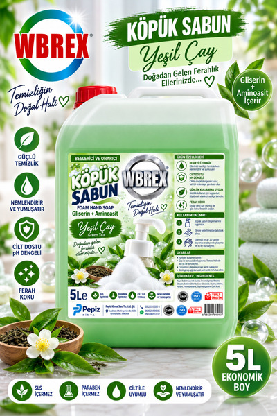 WBREX Yeşilçay Kokulu Gliserinli Köpük El Sabunu 5 L – 5000 Kullanıma Kadar E...