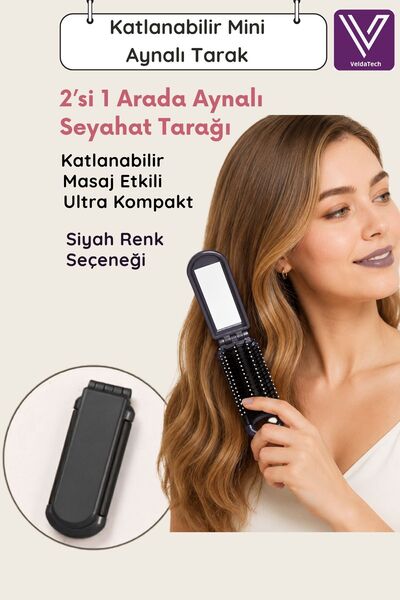 VeldaTech 2'si 1 Arada Aynalı Katlanabilir Saç Fırçası - Hava Yastıklı Masaj ...