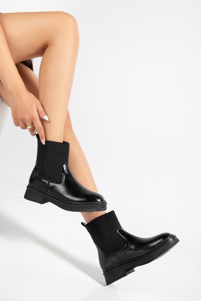 Dubais Shoes Women's Black Shiny Patent Leather Comfortable Women's Boots with Rubber Ankle Detail