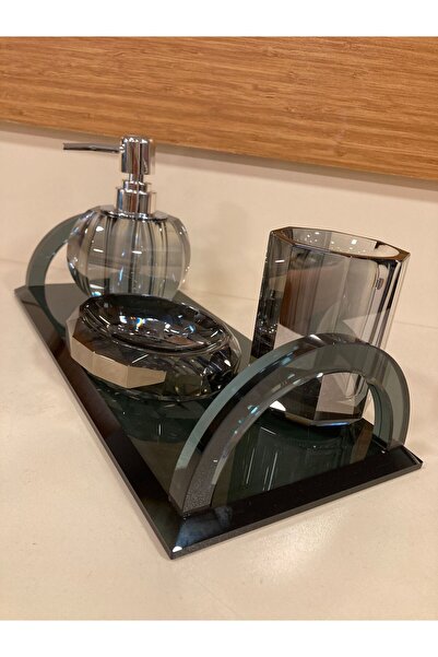 PLUS HOME Bathroom Set Crystal Glass 4 Pieces Color Smoked Silver