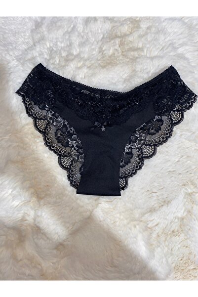 KBA Çiçek Dantelli Fiyonk Detaylı Siyah Bikini Külot