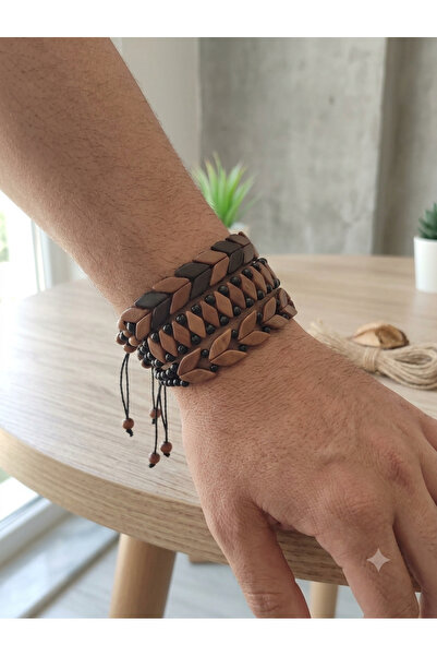 Altın express Men's Natural Wooden Beaded 3-Piece Bracelet Set - Adjustable H...
