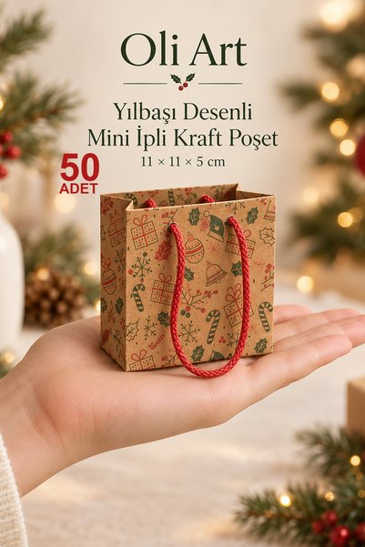 OLİ Art Yılbaşı Desenli Kırmızı İpli 50 Adet Kraft Hediye Poşeti 11x11x5 cm Mini Boy