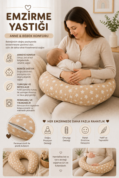 Bebek Emzirme Yastığı Fermuarlı Yıkanabilir Elyaf Dolgulu Anne Bebek Destek Yastığı