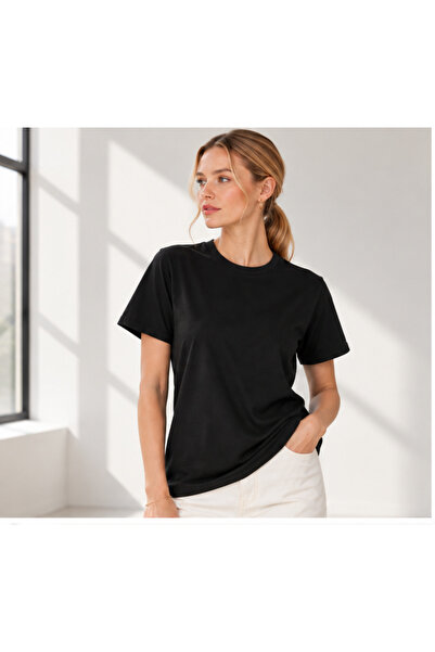 Kadın Bisiklet Yaka Kısa Kollu Basic T-Shirt Siyah