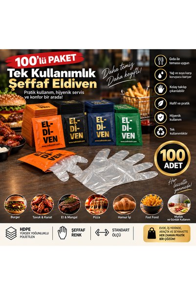 100’lü Tek Kullanımlık Şeffaf Yemek Eldiveni Burger, Kanat, Et ve Fast Food İçin Hijyenik Eldiven