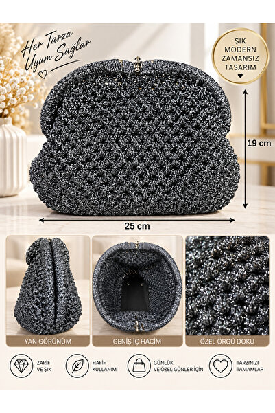 kumkumticaret Knitted Portfolio Bag Glittery Textured Cover Handbag with Gold...