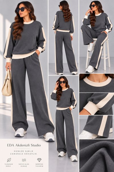 LEONE KOLEKSİYON Women's Premium Modal Garnished Comfortable Cut Wide Leg Two-Piece Set