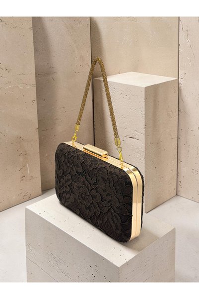 Biçanta Brown Z.A.R.A Satin Lace Embroidered Gold Detailed Chain Strap Women's Evening Dress Bag Wedding Engagement Graduation