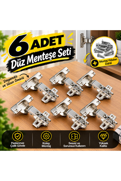 6 Adet Düz Menteşe 35 mm – Dolap Menteşesi – Mutfak ve Mobilya Kapak Menteşesi + Montaj Vidaları