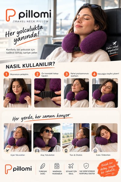 Pillomi Travel Neck Pillow Washable Journey Pillow Airplane Bus Car Train Pillow Fiber Filled