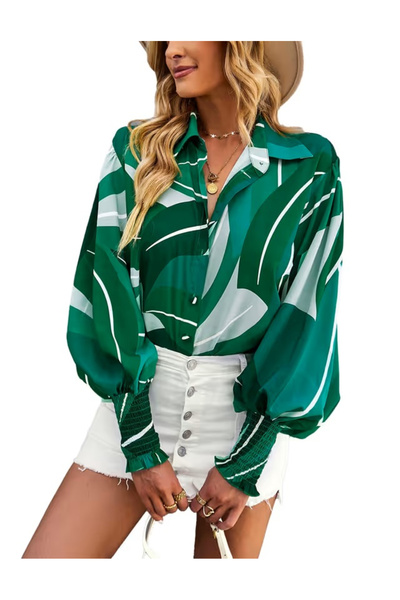 OEM Women's Floral Blouse with Buttons, Lantern Sleeves, loose shirt, XL
