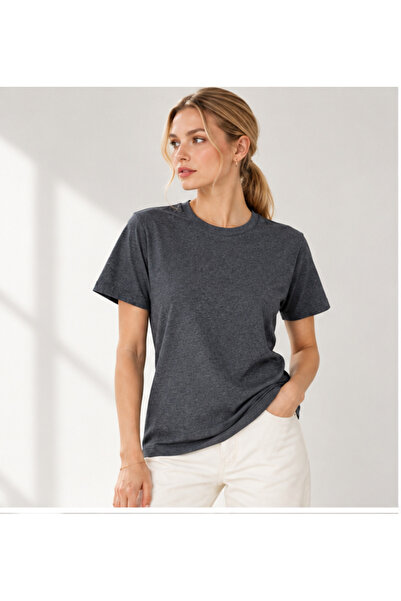 Kadın Bisiklet Yaka Kısa Kollu Basic T-Shirt Antrasit