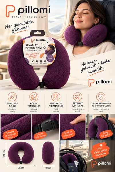 Pillomi Travel Neck Pillow Washable Journey Pillow Airplane Bus Car Train Pillow Fiber Filled