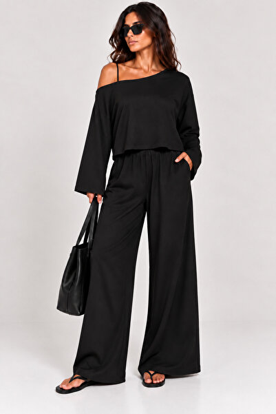 FEWTİNT Few Tint Women's Boat Neck Off-Shoulder Wide Sleeve Blouse High Waist...