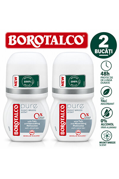 Borotalco 2x Deodorant Roll-on 50 ml Pur 0% Aluminiu