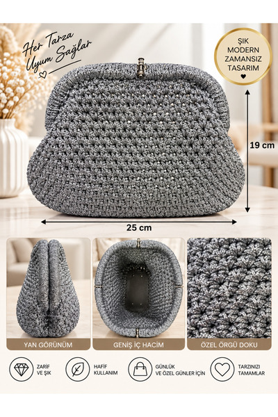 kumkumticaret Knitted Portfolio Bag Glittery Textured Cover Handbag with Gold...