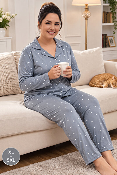 Kadın Büyük Beden Desenli Pijama Takımı Uzun Kollu Düğmeli Rahat Ev Pijaması