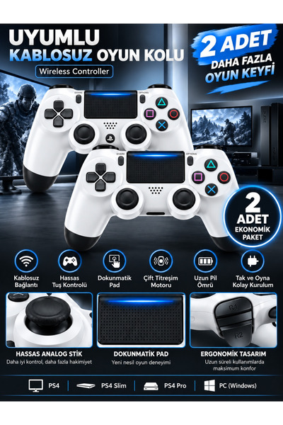 VEROXA Ps4 Uyumlu 2’li Kablosuz Oyun Kolu Dual Titreşimli Dokunmatik Pad Pc U...