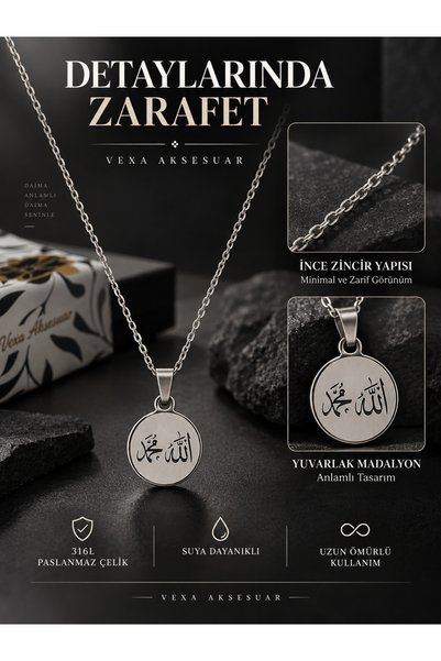 Vexa Aksesuar Allah Muhammed Pendant Ghost Chain Non Tarnish Steel Locket Necklace Silver Gold